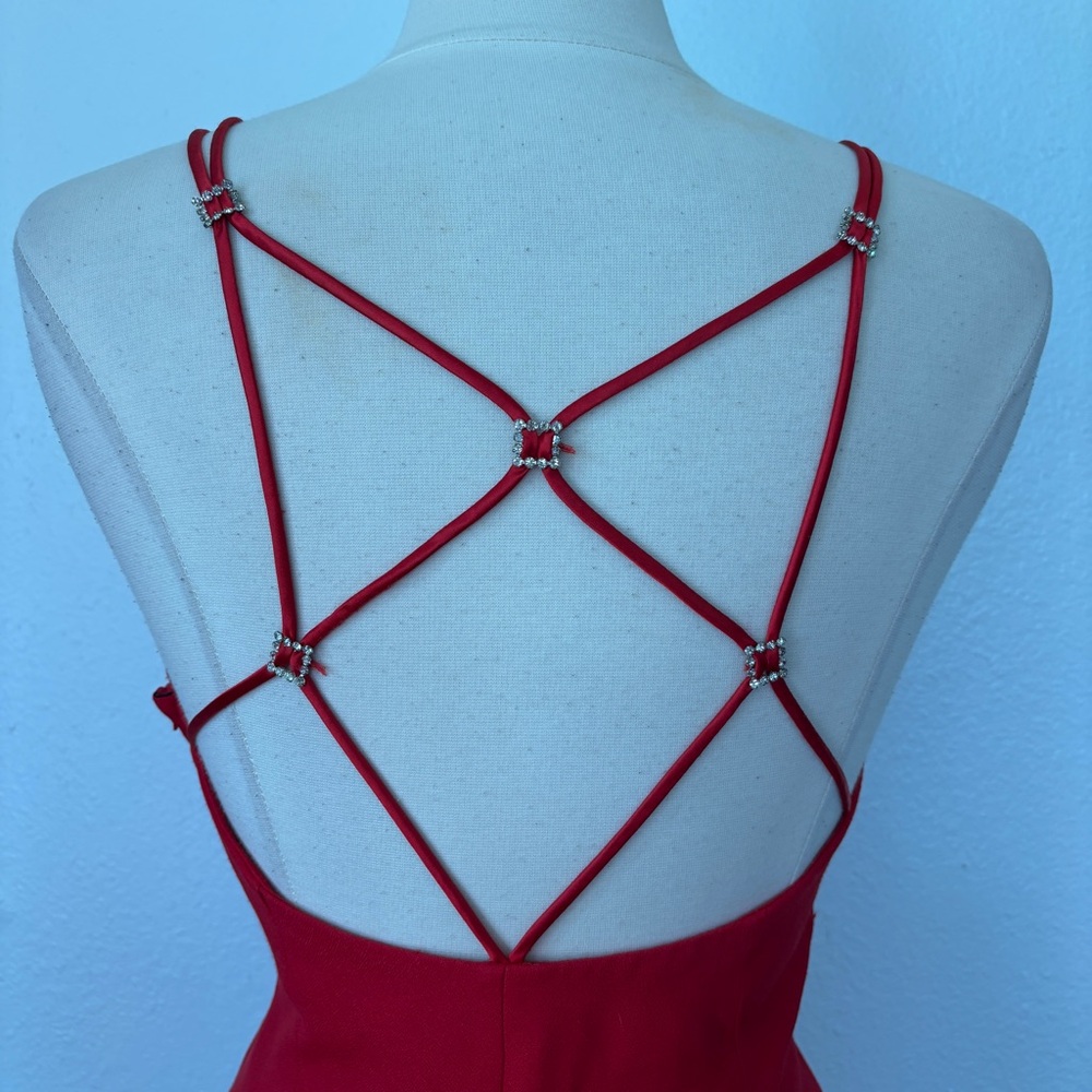 Vintage Solid Red Sleeveless Full Length Strappy Rhinestone Formal Dress - Picture 9 of 11